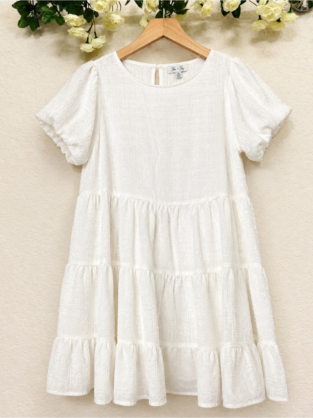 She + Sky • White Textured Tiered Babydoll Mini Dress Puff Sleeve Size M